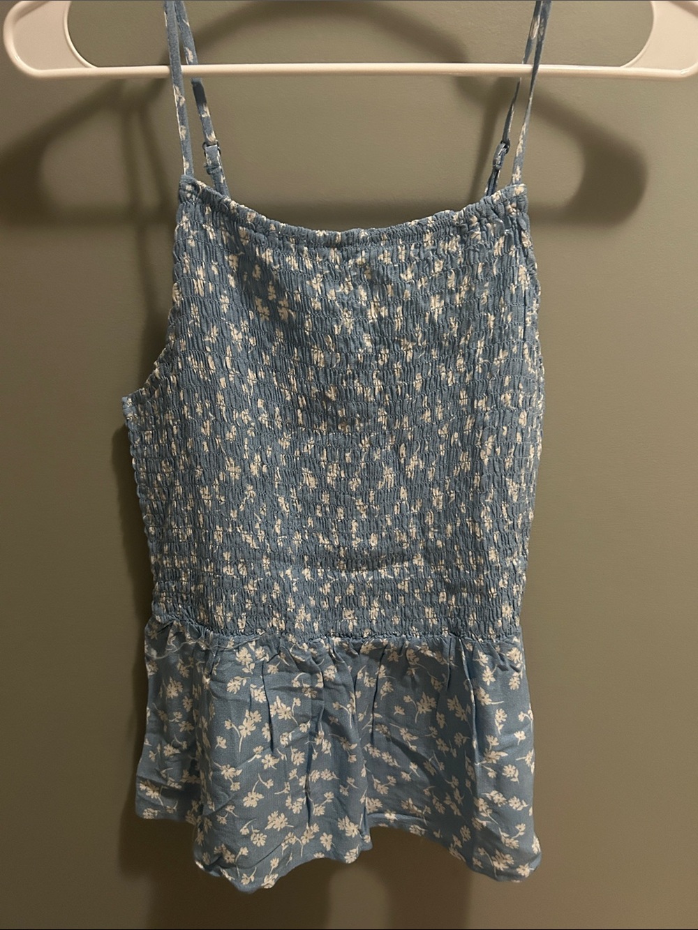 Smocked Blue Floral Cami Top with Ruffle Hem